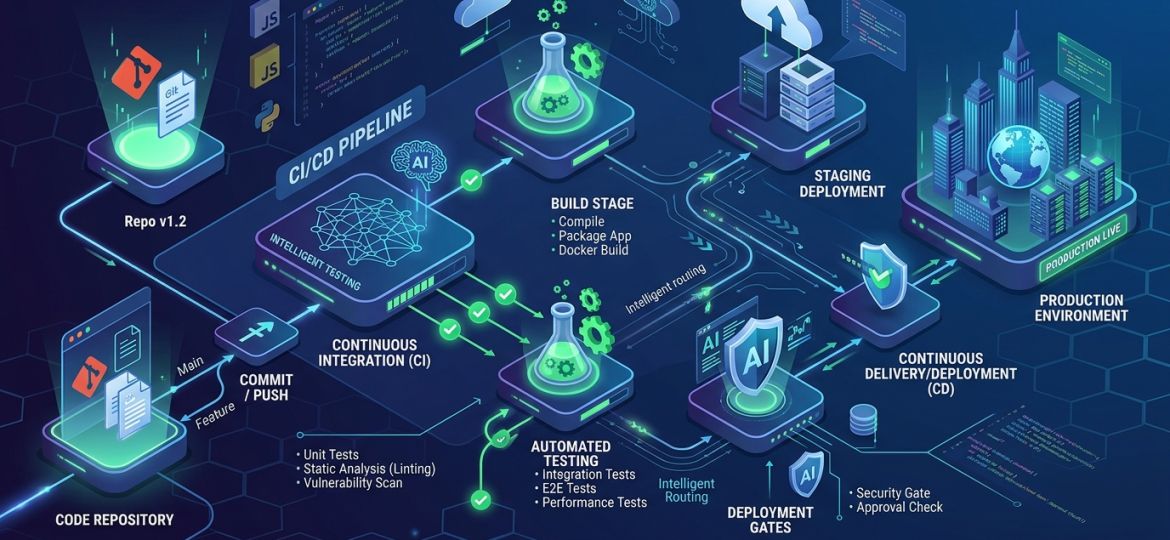 La arquitectura moderna de CI/CD integra testing automático, build management y deployment en un flujo continuo y supervisado por IA para optimizar cada etapa.