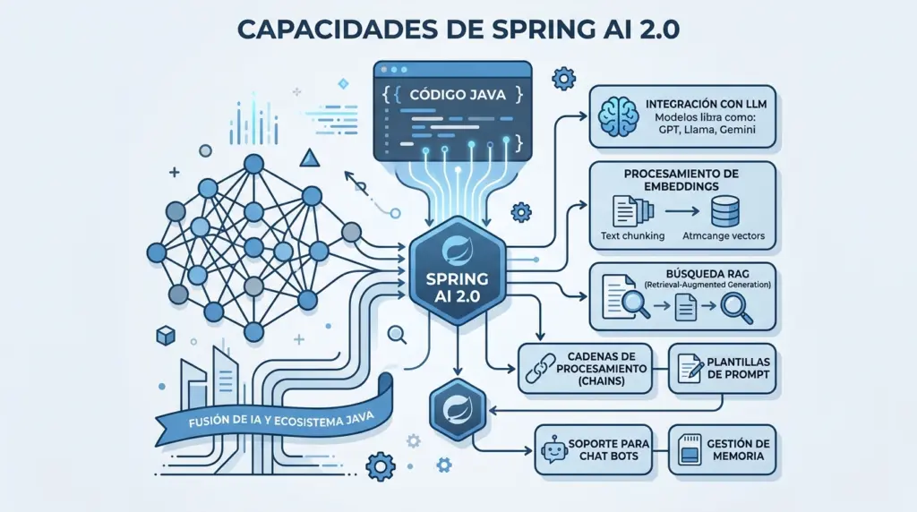 Capacidades de Spring AI 2.0: integración con LLMs, RAG, embeddings y chatbots, todo desde el ecosistema Java.