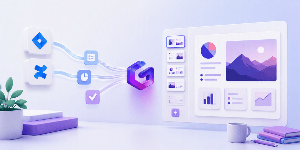 Visualización de integración de herramientas en Atlassian y Gamma para planificación y presentación.