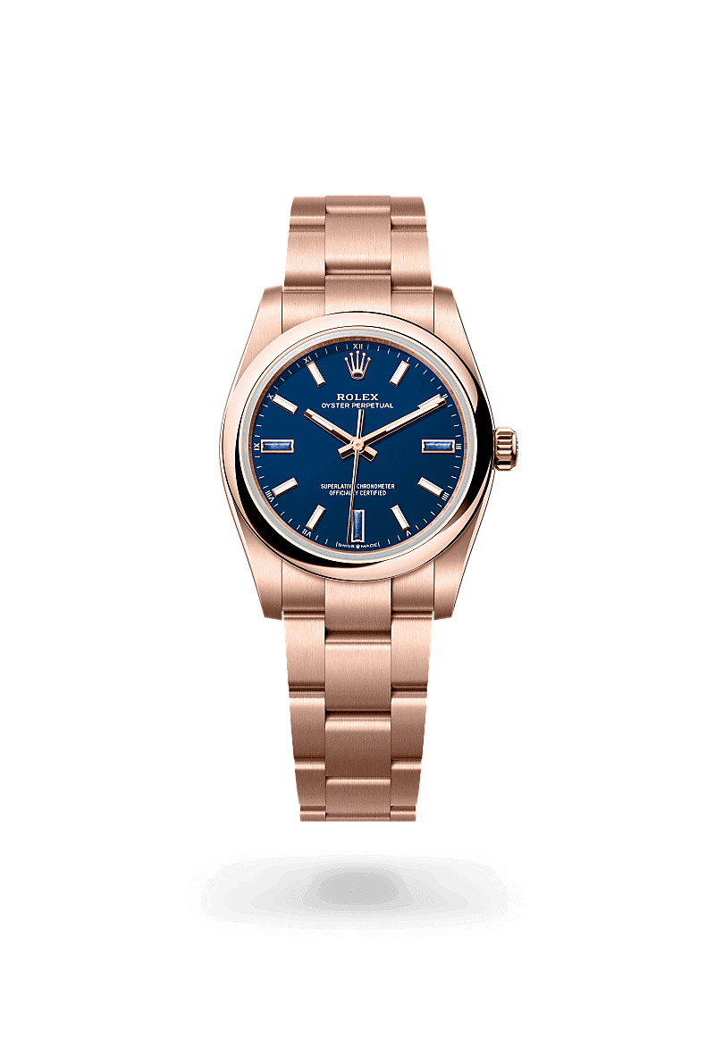 Rolex Oyster Perpetual 34 in 18 Karat Everose-Gold (M124205-0002) mit Zifferblatt Blue stone – Juwelier Eckstein Saarbrücken