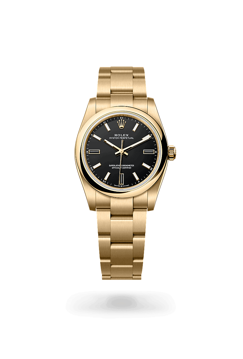 Rolex Oyster Perpetual 34 in 18 Karat Gelbgold (M124208-0001) mit Zifferblatt Schwarz – Juwelier Eckstein Saarbrücken