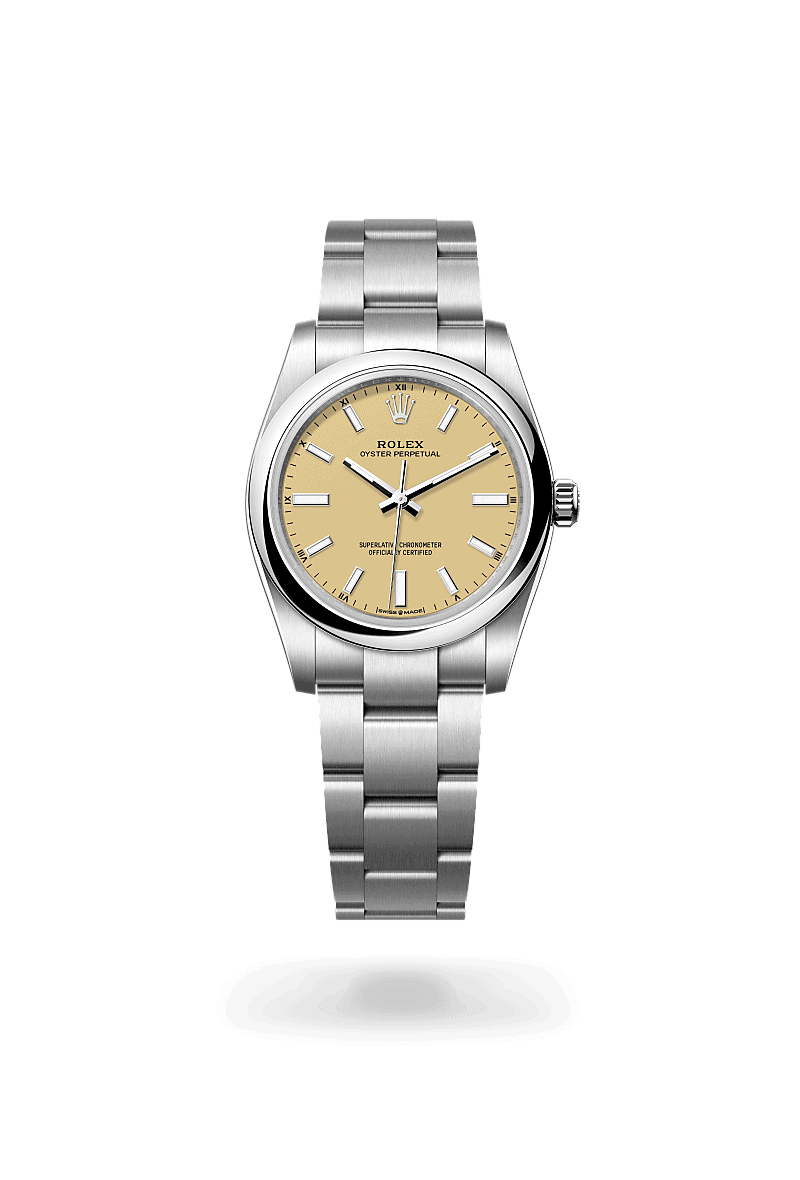 Rolex Oyster Perpetual 34 in Edelstahl Oystersteel (M124200-0007) mit Zifferblatt Beige – Juwelier Eckstein Saarbrücken