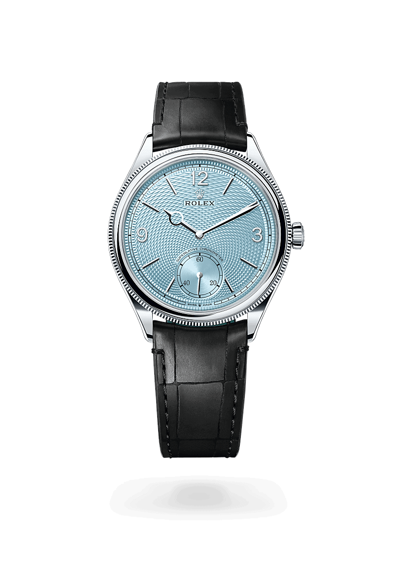 Rolex 1908 in Platin (M52506-0003) mit Zifferblatt Eisblau mit Grain de riz-Muster – Juwelier Leo Link Mainz