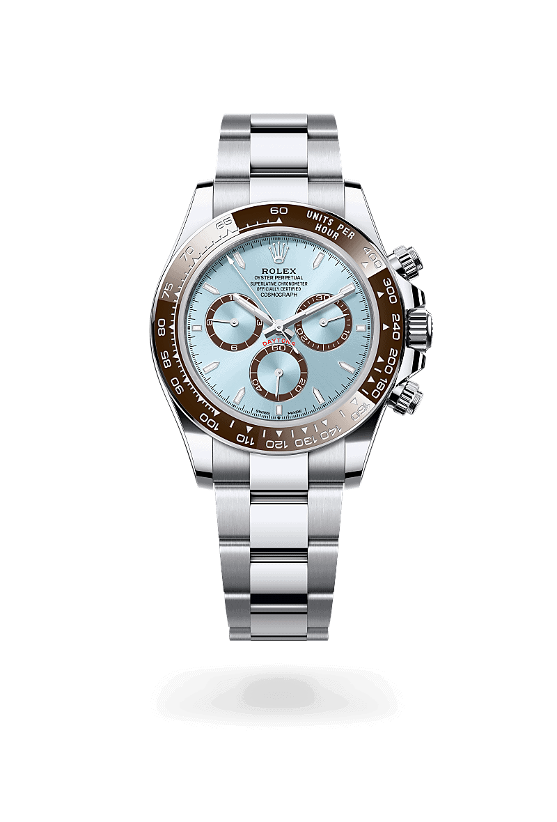 Rolex Cosmograph Daytona in Platin (M126506-0001) mit Zifferblatt Eisblau, kastanienbraune Totalisatorringe – Juwelier Leo Link Mainz