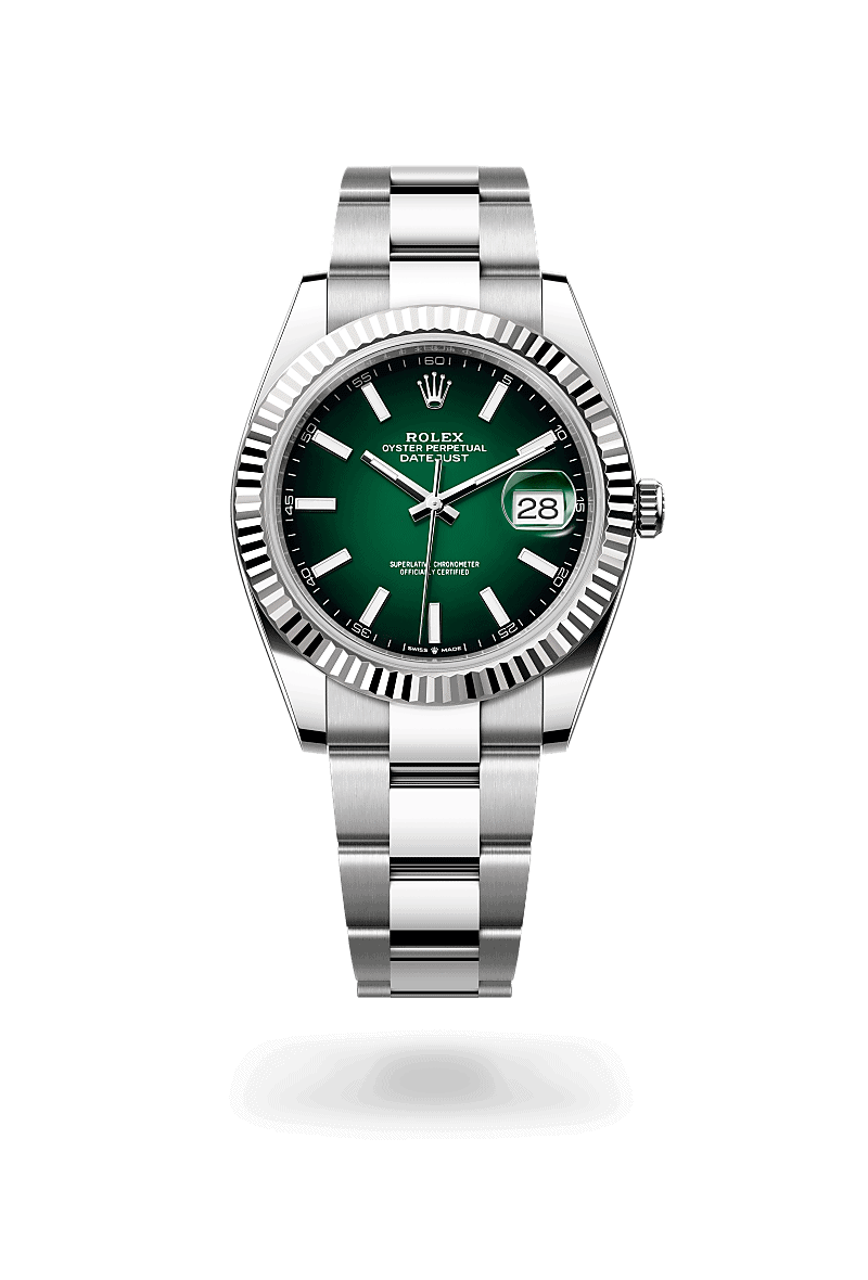 Rolex Datejust 41 in Rolesor weiß (Kombination aus Edelstahl Oystersteel und Weißgold) (M126334-0033) mit Zifferblatt Grün ombré – Juwelier Leo Link Mainz