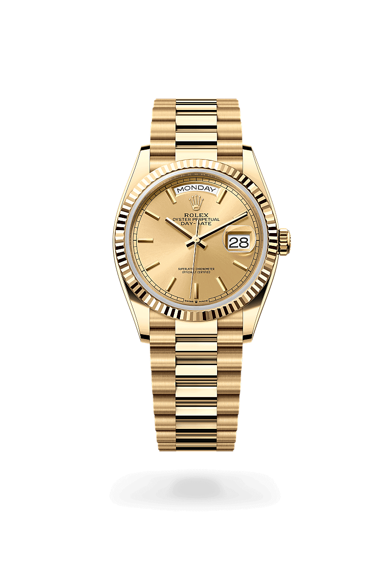 Rolex Day-Date 36 in 18 Karat Gelbgold (M128238-0045) mit Zifferblatt Champagnerfarben – Juwelier Leo Link Mainz