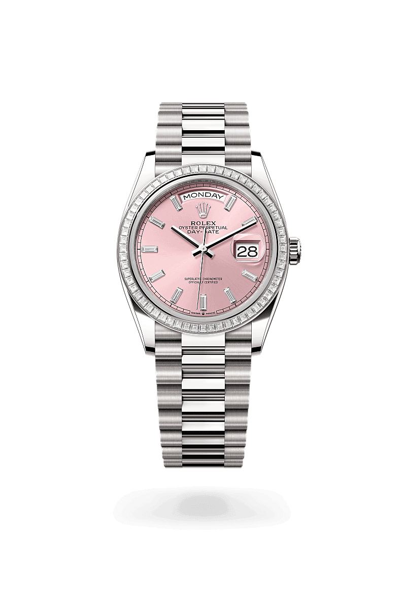 Rolex Day-Date 36 in 18 Karat Weißgold (M128399TBR-0029) mit Zifferblatt Roséfarben, diamantbesetzt – Juwelier Leo Link Mainz