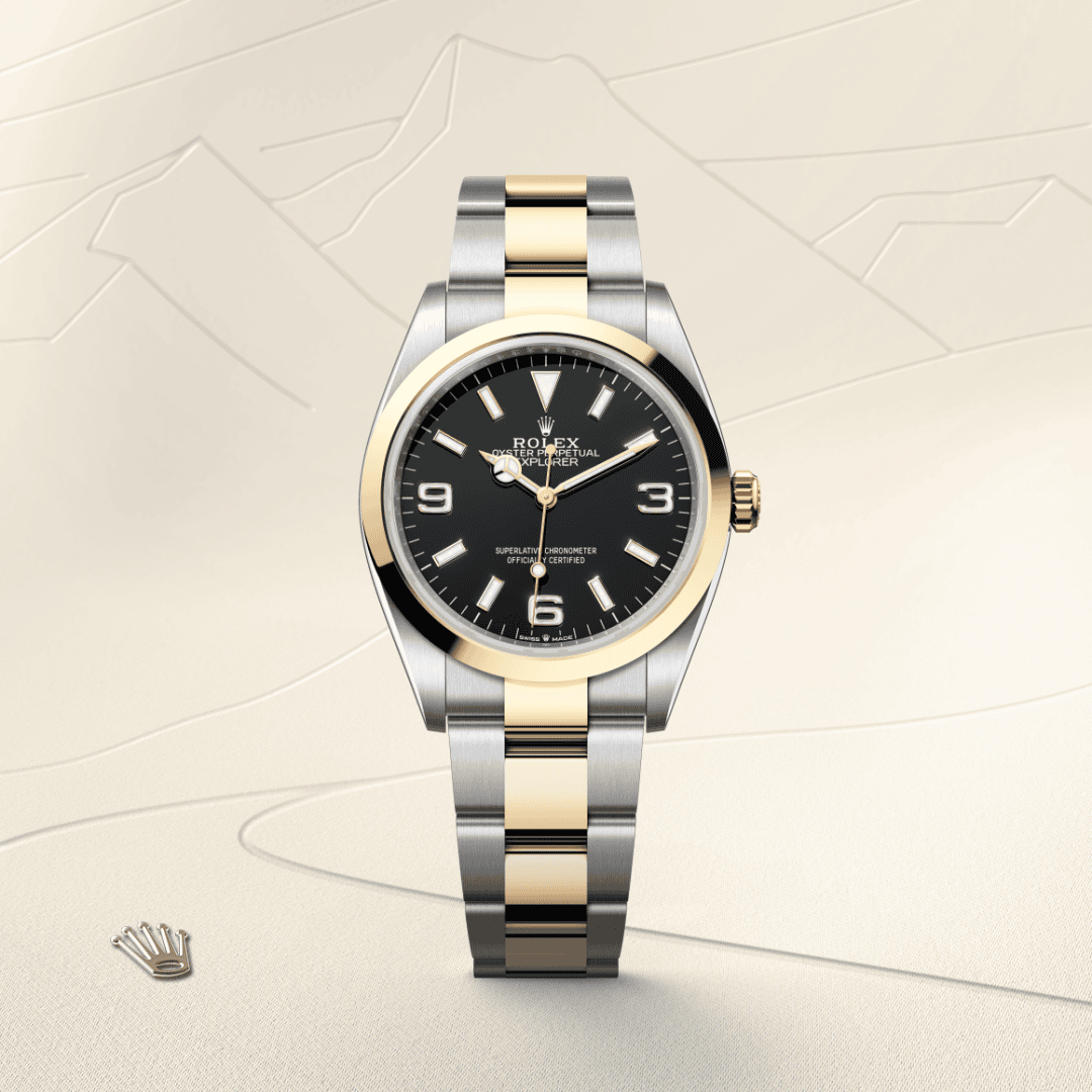 Rolex Explorer 36 Oyster, 36 mm, Edelstahl Oystersteel und Gelbgold (M124273-0001) – Juwelier Leo Link Mainz