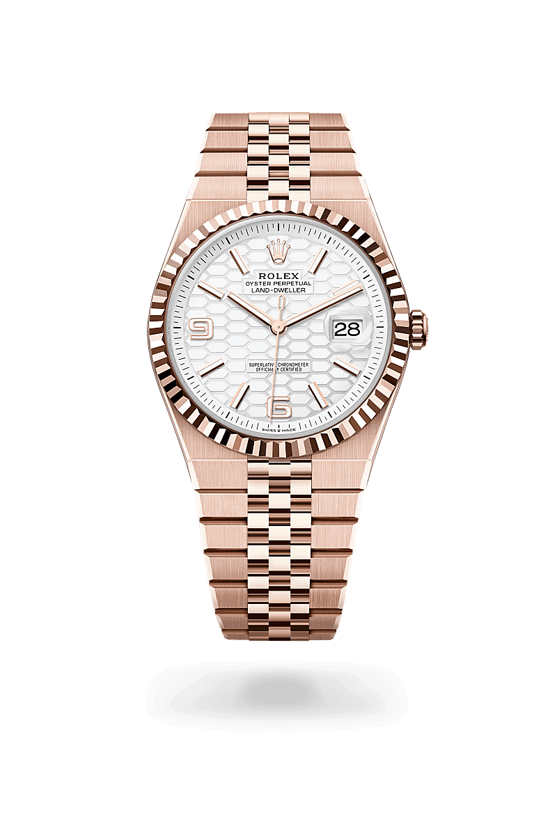 Rolex Land-Dweller 40 in 18 Karat Everose-Gold (M127335-0001) mit Zifferblatt Tiefweiß mit Wabenmuster – Juwelier Leo Link Mainz