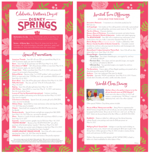Disney Springs Mother’s Day flyer with event highlights, dining deals, and a vibrant pink floral border at Walt Disney World.