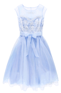 Light blue sleeveless dress with lace bodice, sheer neckline, ribbon belt, and flowing tulle skirt—fit for Disney park magic.
