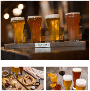 Beer flight on a wooden tray at BaseLine Tap House, with Disney World vibes and snacks on nearby tables adding to the fun.