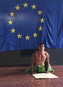 At an EU expo showing off the new yoga mats!