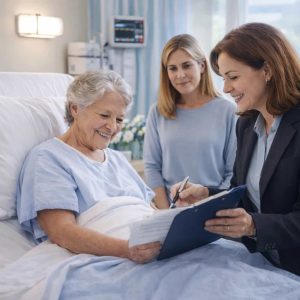 Home 15 A mobile notary with A1 Mobile Notary (23+ years experience) conducts an on-site bedside document execution with an elderly patient and her family member at a medical facility in Lake Charles, Louisiana.