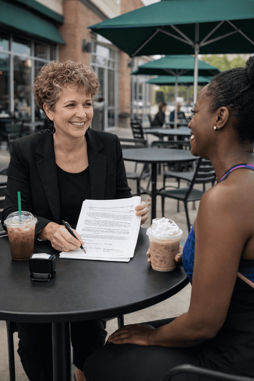 Home 22 A mobile notary with A1 Mobile Notary (24+ years experience) conducts an outdoor weekend document execution at a Lake Charles coffee shop with a local client.