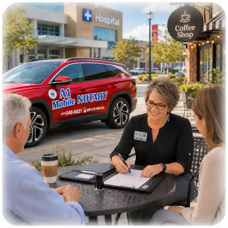 Home 1 A1 Mobile Notary owner in business casual meeting clients at a Lake Charles coffee shop, with branded company SUV and hospital background.