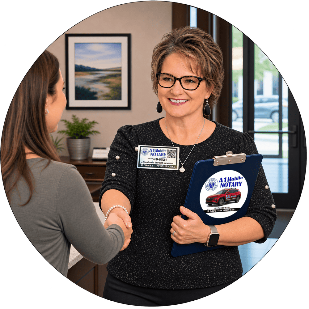 A1 Mobile Notary owner shaking hands with a client while holding a clipboard with the A1 Mobile Notary logo.
