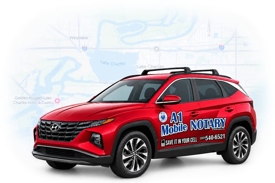 About A1 Mobile Notary in Lake Charles, LA 2 A1 Mobile notary vehicle with Lake Charles service area map behind