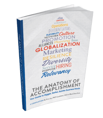 The cover of the book "The Anatomy of Accomplishment," with a word cloud of business terms, representing business finance consulting and strategic business planning.