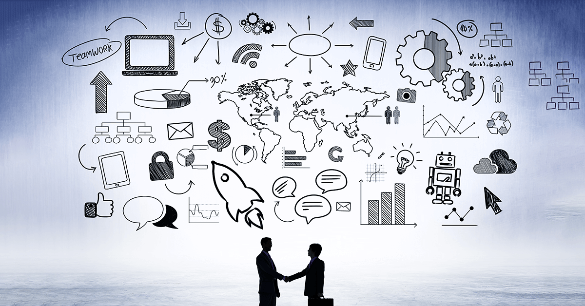 Two businessmen shaking hands under a large, detailed sketch of business strategy icons, including a world map, gears, money symbols, and a rocket, representing financial consulting for small businesses and strategic business planning.