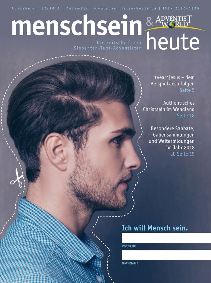 Menschen, Sicherheit und Glaube auf dem Cover der Zeitschrift "Menschsein & heute" mit einem modernen Mann im Profil, Symbol für christliche Werte, spirituelle Themen und adventistische Gemeinschaft.