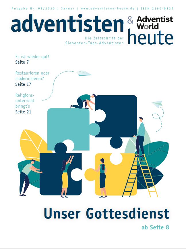 Puzzle zusammenbauen, Teamarbeit, christliche Gemeinschaft, Gottesdienst, adventistische Zeitschrift, advent-verlag, kirchliche Publikation, religiöse Literatur, Gemeinschaft im Glauben, christliche Werte, religiöse Inhalte, christliche Bildung, Adventisten, Glaubenskommunikation.