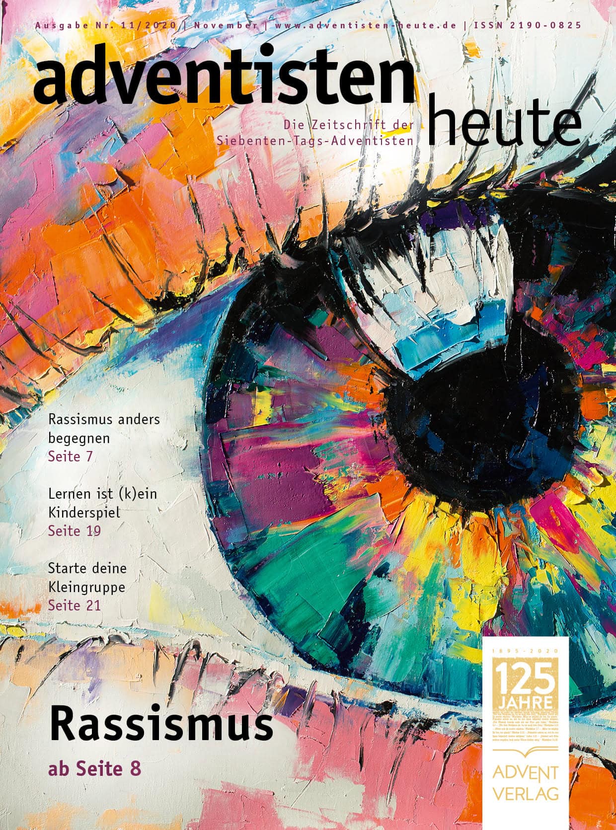 Buntes Kunstwerk mit Auge, Kunstmagazin, Advent-Verlag, christliche Zeitschrift, 125 Jahre Adventszeit, kreative Gestaltung, religiöse Inhalte, Kinder- und Jugendmagazin, christliche Literatur, Inspiration für Adventszeit, Vorfreude auf Weihnachten.