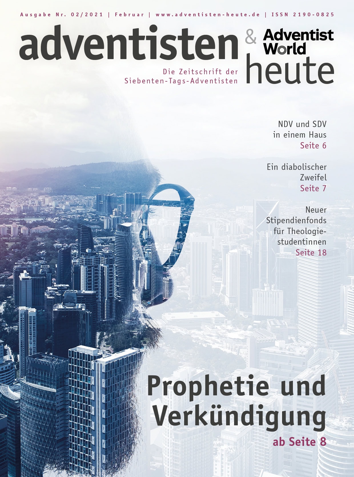 1. Modernes Magazincover mit Berliner Skyline, der Doppelgesicht-Visualisierung und einem משפט, der Prophezeiung und Verkündigung thematisiert, auf dem Titel von Adventisten heute.
