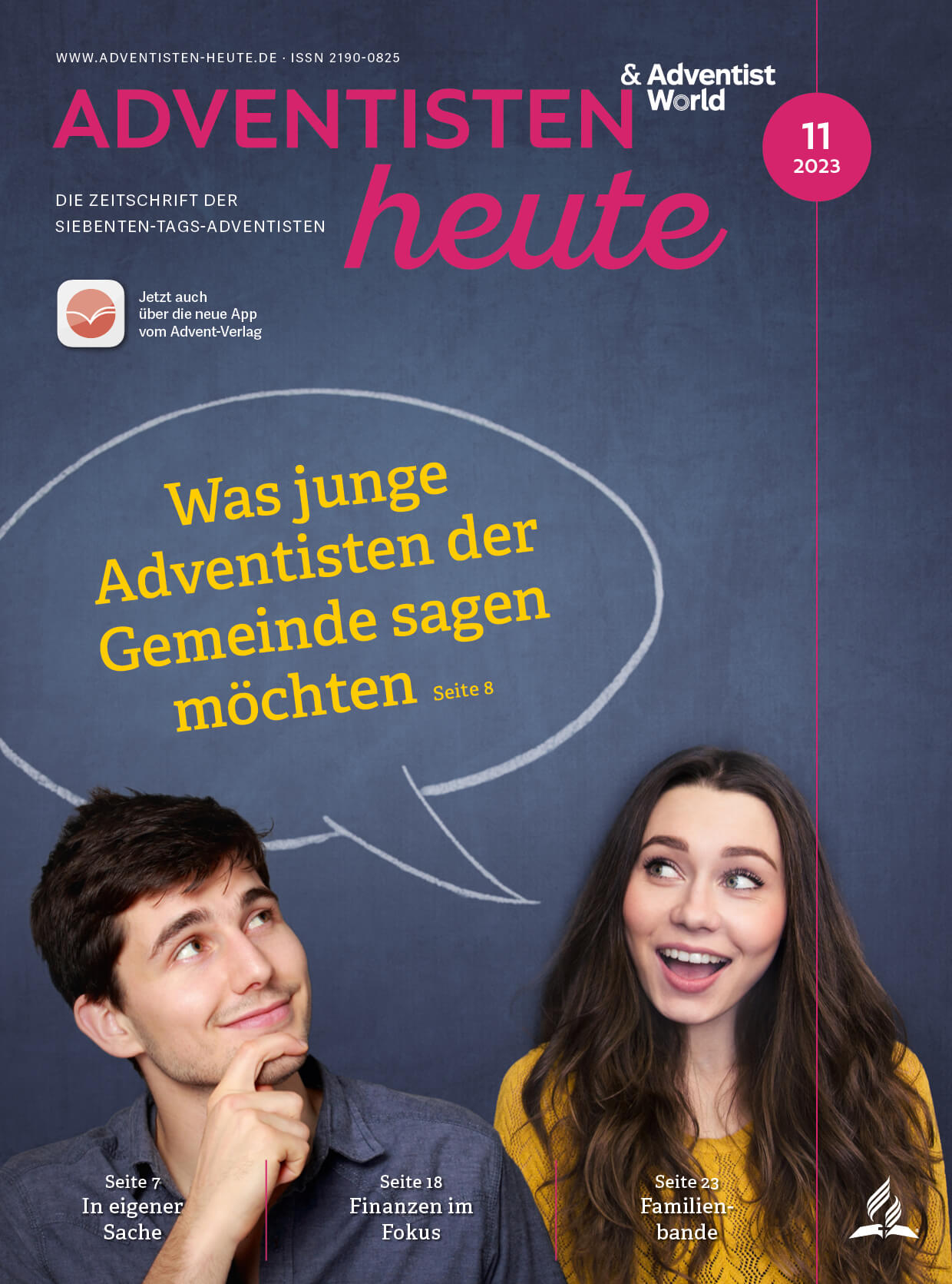 Junge Menschen sprechen auf einer dunklen Tafel, umgeben von Texten und Überschriften, die die Inhalte der Zeitschrift "Adventisten heute" präsentieren.