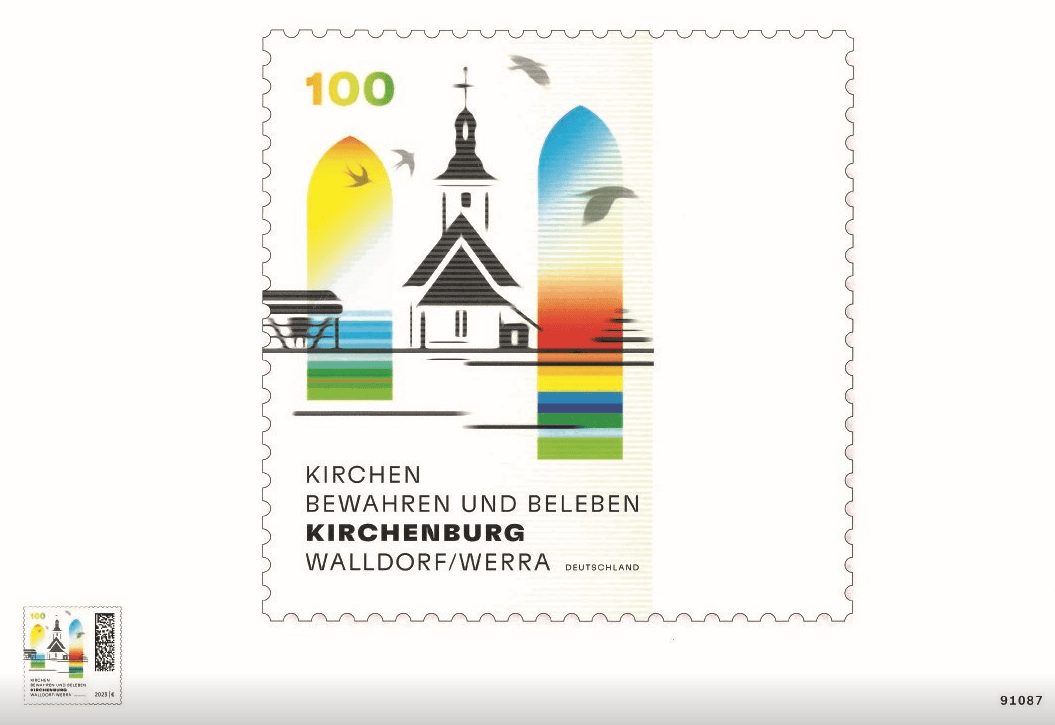 1. Briefmarke mit Kirche Kirchentag Walddorf/Werra Deutschland, modernes Design, nachhaltige Kirchengemeinde, religiöse Symbolik, Gemeinschaft, Kirchenbewahrung, innovative Postwertzeichen.
