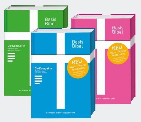 Bild zeigt die vollständige BasisBibel in den Farben Grün, Blau und Pink, ideal für Einsteiger, mit neuen Testaments- und Alttestament-Texten.