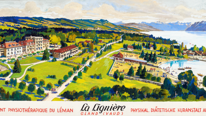 Buntes Gemälde einer ruhigen Landschaft mit Seen, Hügeln, Villen und Parks, repräsentiert die Natur und Erholung im Kurort La Lignière am Genfersee.