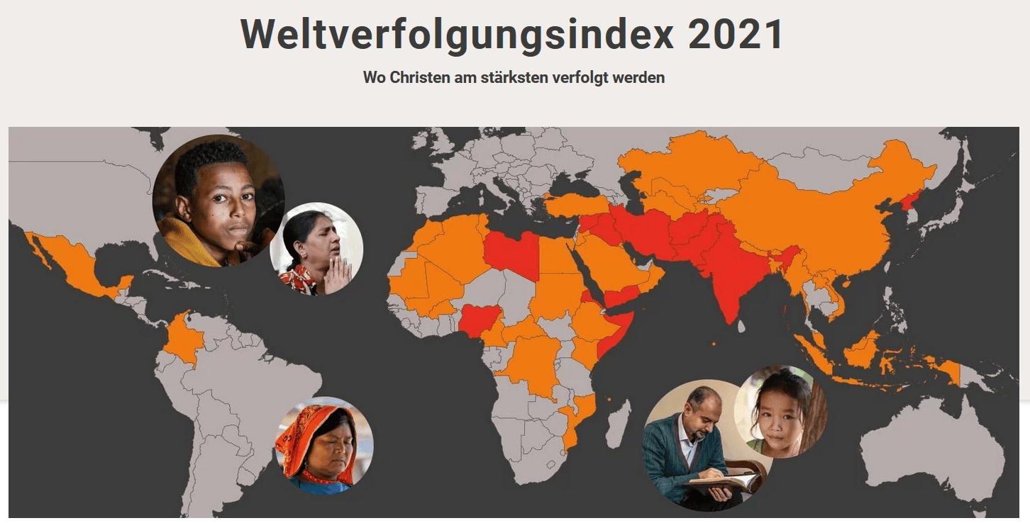 Menschen aus verschiedenen Kulturen und Ländern auf einer Weltkarte zum Thema Weltverfolgungsindex 2021, christliche Verfolgung, religiöse Diskriminierung, Christen weltweit, Advent-Verlag.