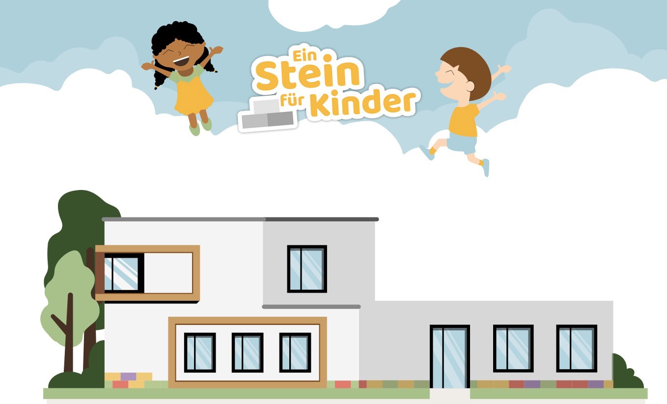- Fröhliche Kinder, die auf Wolken spielen, mit bunten Häusern im Hintergrund, passend für Kinderbücher, Kinderliteratur und pädagogische Projekte.