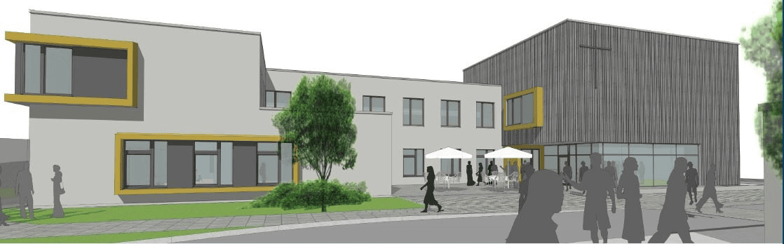 Moderne Advent-Verlag Bildungs- und Begegnungszentrum mit 3D-Rendering, innovatives Design, nachhaltige Architektur, fußgängerfreundliches Umfeld, freundlich gestaltete Außenanlagen, Zentrum für Bildung und Gemeinschaft.