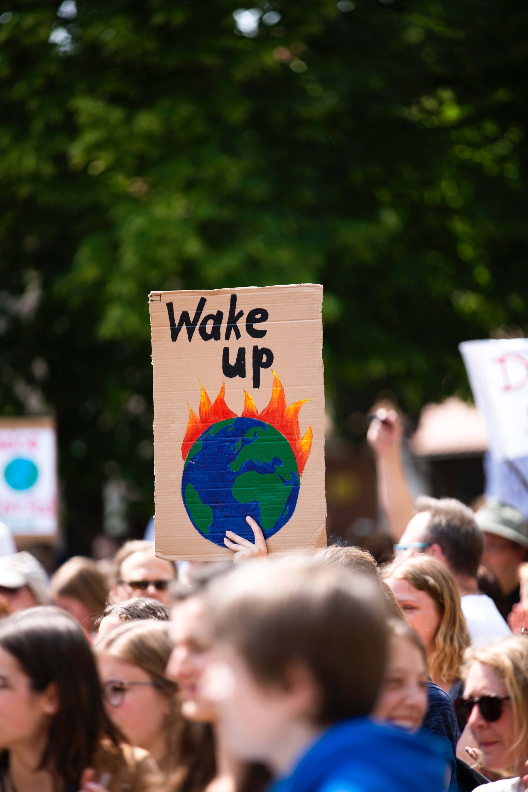 Wegweiser zum Klimaschutz bei einer Demonstration, Erde mit Flammen, umweltbewusste Botschaft, ökologische Bewegung, Protest für Umweltschutz, nachhaltige Entwicklung, Umweltaktivismus, globale Erderwärmung, Umweltbewusstsein, Klimastreik, Klimaaktion.
