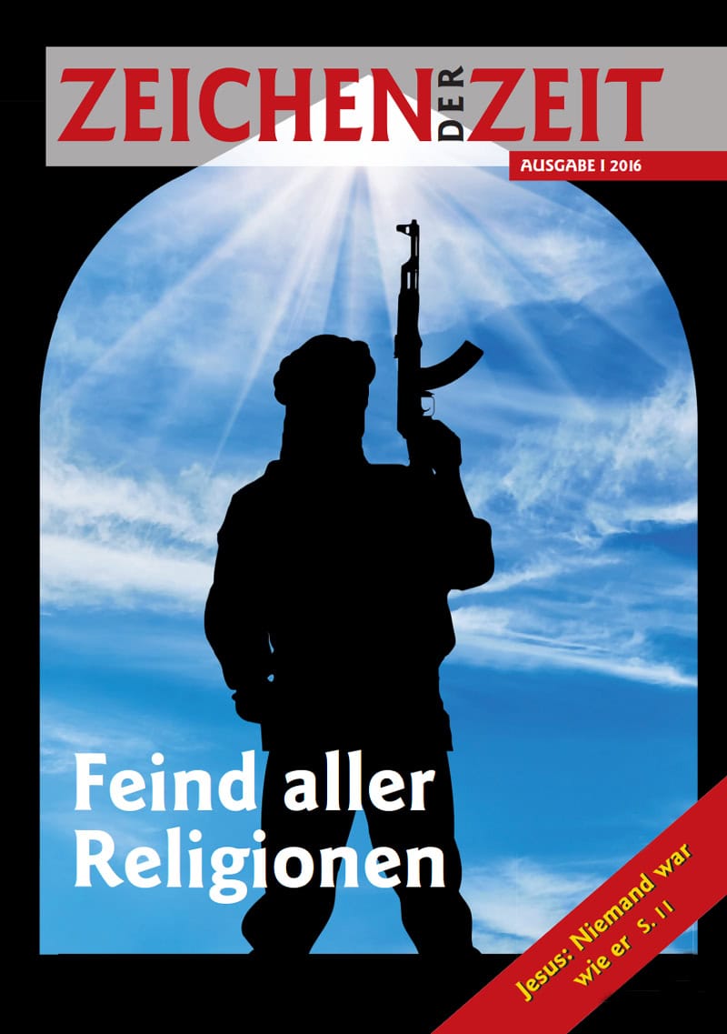 1. Silhouette eines bewaffneten Mannes gegen den Himmel, symbolisiert Konflikt zwischen Religionen und religiöse Konflikte, Zeitschrift Zeichen der Zeit, Ausgabe 2016.