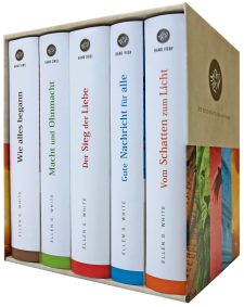 Hochwertige Bücherreihe mit fünf Bänden von Ellen G. White, mit Titeln wie „Wie alles begann“ und „Vom Schatten zum Licht“, ideal für christliche Literatur- und Glaubensvertiefung.