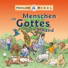 Vielfältiges Bild mit Menschen, Tieren und Baum, das die Beziehung zwischen Menschen und Gottes Schöpfung zeigt, passend für christliche Familien- und Bibelbilder, ideal für religiöse Erziehung und Kinderbibel.