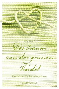 Ein grünes, geknotetes Herz aus Seil auf weichem, hellgrünem Seil Hintergrund, Symbol für Hoffnung und Liebe im Advent, passend zum Buch "Der Traum von den grünen Kordel" von Alex Bryan.