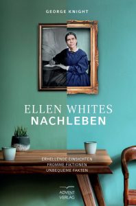 Ellen Whites Nachleben Buchcover mit Wandbild, Tisch und Dekorationen in modernem Ambiente – spirituelle Einsichten, von Advent-Verlag publiziert.
