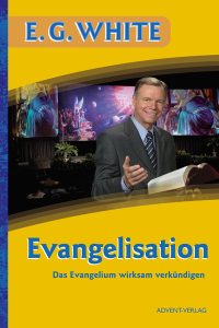 E.G. White Evangelisation Buchcover mit Prediger vor digitalen Leinwänden, die biblische Szenen darstellen, bei einem christlichen Vortrag oder Seminar, Fokus auf christliche Botschaft und Evangelismus, orange und blaue Farbgestaltung.