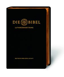 Hochwertige schwarze Bibel mit Goldschrift und braunen Ledereinfassungen, ideal für Gottesdienst und Bibelstudien, verziert mit dem Logo der Deutschen Bibelgesellschaft.