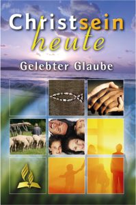 Lebensfrohe Gestaltung eines religiösen Buchcovers mit Bildern von Natur, Händen, Glaubenssymbolen und Kindern, passend für evangelische und christliche Literatur bei Advent-Verlag.
