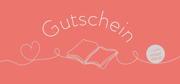 Geschenkgutschein von Advent-Verlag mit offener Buchillustration auf pinkem Hintergrund, ideal für Weihnachten und adventliche Geschenke.