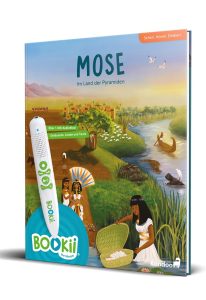Abbildung eines Kinderbuchs über die Land der Pyramiden, mit Audio-Hörbuch funktion und bunter biblischer Szene, die das alte Ägypten darstellt, ideal für Kinder zum Sehen, Hören und Erleben.