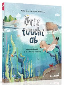Ein Kinderbuchcover mit Otis, einem Seeotter, der im Meer schwimmt, umgeben von Wasserpflanzen und Meereslebewesen, geeignet für Kinder, geeignet für die Zielgruppe für schöne Unterwasserabenteuer.