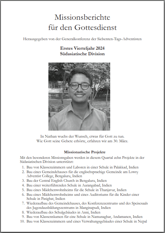 Missionaries for church service, mission report, Advent-Verlag, South Asian division, Christian missions, Indonesia, India, Nepal, education projects, youth programs, mission support, church building.