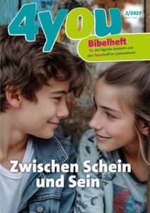 Inhaltliche Inhalte der advent-verlag.de, speziell das Titelbild der Zeitschrift 4YOU BibelHEFT, Fokus auf christliche Kinder- und Jugendliteratur, Bilder von Jugendlichen, die sich freundlich gegenübersitzen, introizierte Gestaltung mit kindgerechten und biblisch inspirierten Elementen.
