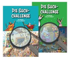Such-Challenge Kinderbuch Cover mit Lupe, um biblische Geschichten zu entdecken, ideal für Kinder ab 4 Jahren, fördert Fantasie, Lernfreude und christliches Wissen, buntes, ansprechendes Design für junge Leser.